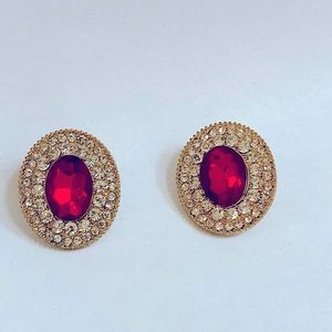 Stunning Gold Plated Oval Shape Faux Red Ruby Stone Stud Earrings.